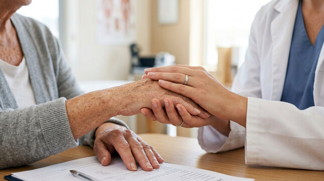 Doctor comforting elderly patient with caring hand gesture during medical consultation