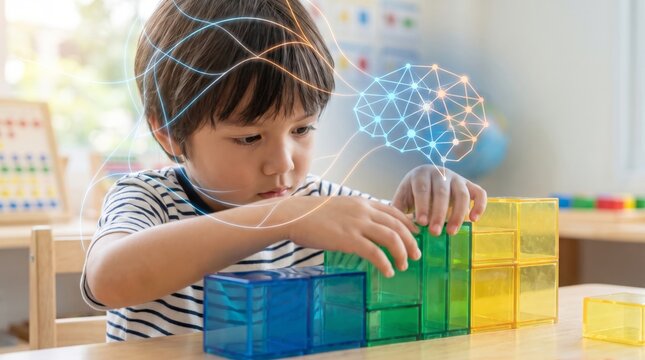 Child building a colorful geometric structure with translucent blocks in classroom. Creative learning, spatial reasoning, STEM education, imagination and future technology concept.