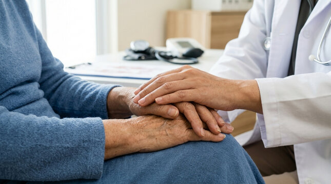 Doctor comforting elderly patient with gentle hand gesture, care and empathy