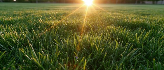 Naklejka premium Low-angle view of dense green grass field with sun shining brightly on horizon