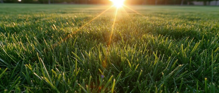Low-angle view of dense green grass field with sun shining brightly on horizon