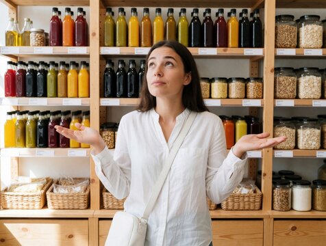 Confused young caucasian woman stands in organic grocery store. Female shopper looks up at shelves with palms open, feeling lost forgetful. Customer tries to remember shopping list browsing glass