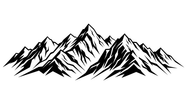 Black and white mountain range illustration with sharp peaks for outdoor adventure logo design and landscape concept art