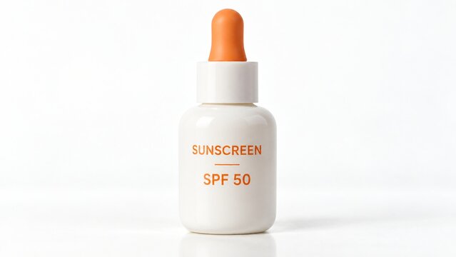 White sunscreen serum bottle with orange dropper bulb on white