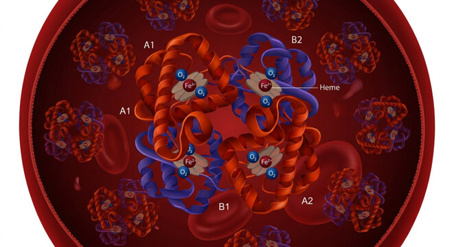 3D Hemoglobin Protein Molecule Inside Red Blood Cell Vector for Oxygen Circulation Blood Anatomy Medical Biology and Scientific Research	3D 
