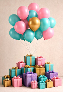 Colorful gift boxes arranged under floating pastel balloons celebration setup
