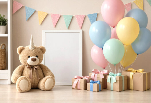Cute unicorn teddy bear sitting near colorful gift boxes and balloons