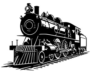 Black silhouette of steam locomotive on tracks, bold vector design symbolizing vintage travel, industry, and railway heritage. © Suriya