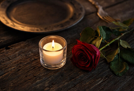 Elegant candle and red rose on rustic wooden surface with glassware