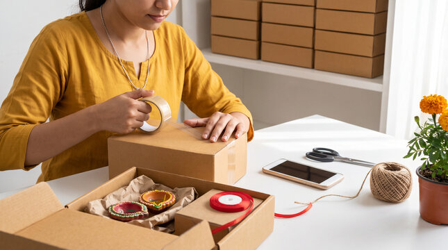 Woman packing gift box with tape at home small business