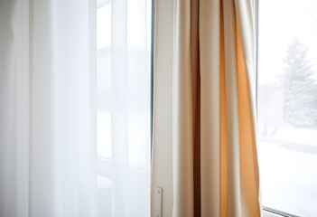 Fototapeta premium Window with Curtains and Snowfall Outside