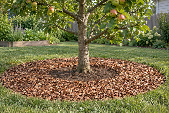 Wood mulch ring around a fruit tree