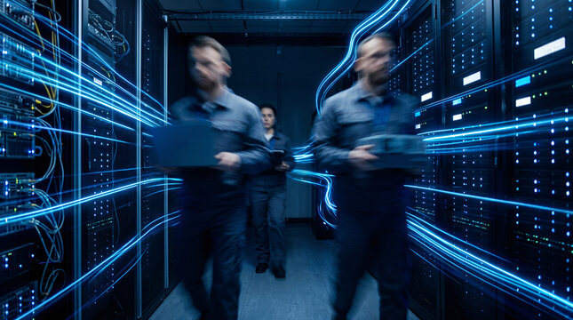 High-tech server room and data center with technicians and blue light streams