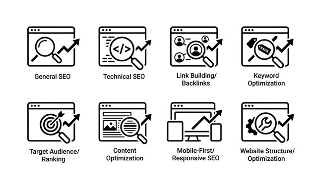 SEO optimization icon set website ranking and digital marketing vector