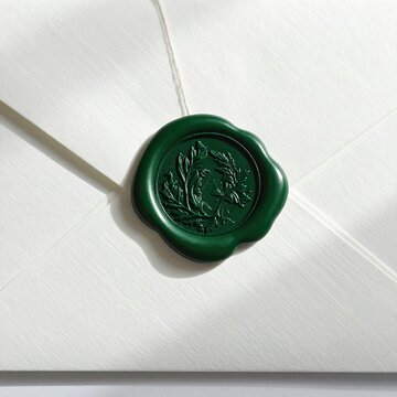 Close-up of a white envelope sealed with a deep green wax emblem