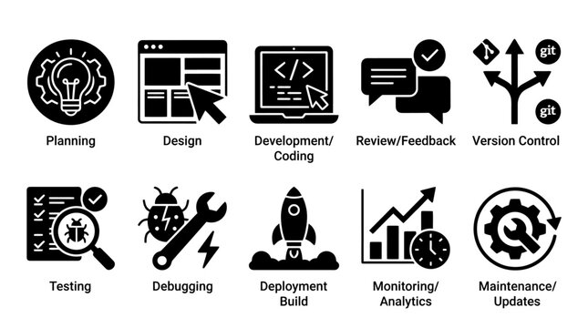 Software development lifecycle process workflow glyph icon set