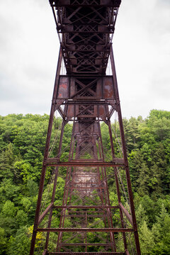 Letchworth State Park, New York State, Upper Falls, a train bridge, low angle view.