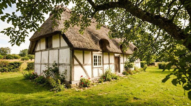 Historic thatched cottage, traditional half-timbered house, rustic rural home in garden