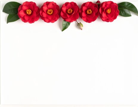 Row of red camellia flowers along the top edge with a very large blank space below