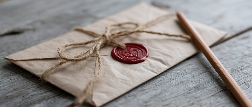 The Envelope with Wax Seal and Twine on Rustic Wooden Table