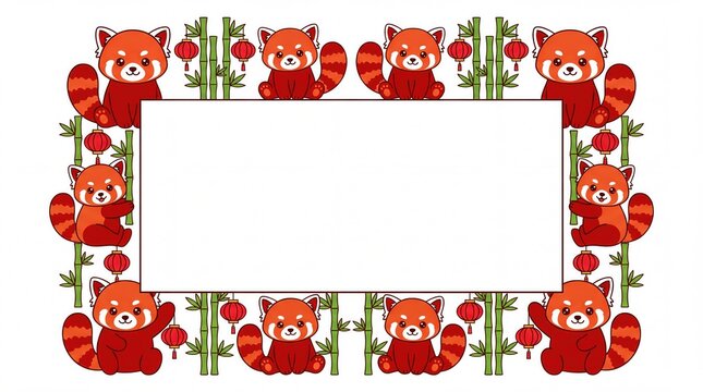 Cute cartoon red panda and bamboo border frame with copy space