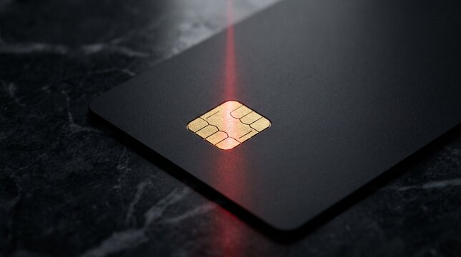 Macro close up of unbranded black credit card EMV chip illuminated by red laser beam on dark marble, cybersecurity and fintech concept