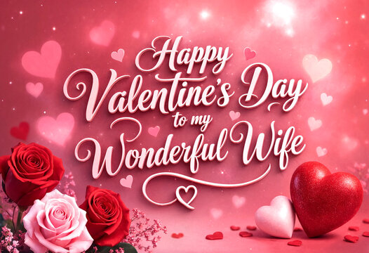 Valentines Day Greeting Card Message For Wonderful Wife With Hearts And Roses