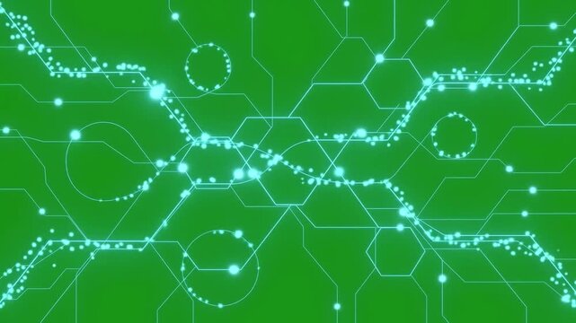Glowing circuit board pattern on green screen with futuristic digital technology and energetic particle stream network composite