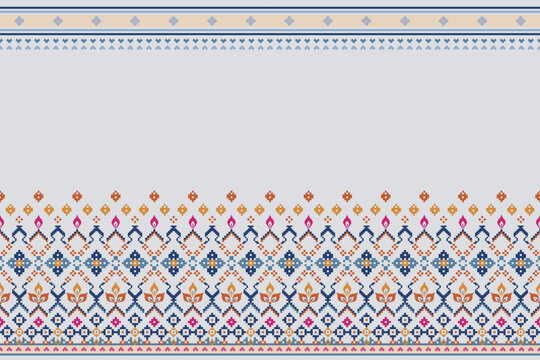 Decorative horizontal textile border with layered geometric and floral motifs in blue, orange, pink, and yellow on a light gray background.