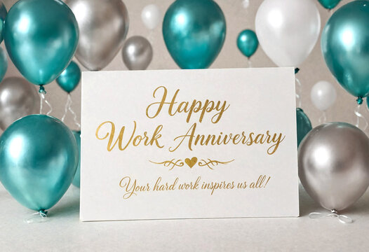 Work anniversary celebration card surrounded by colorful balloons