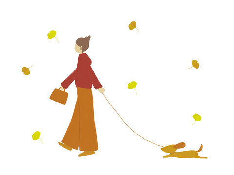 犬と散歩をする女性とイチョウのイラスト