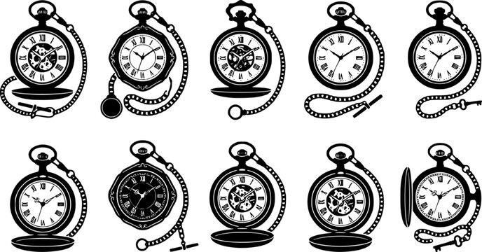 Black silhouette of a vintage pocket watch with a chain
