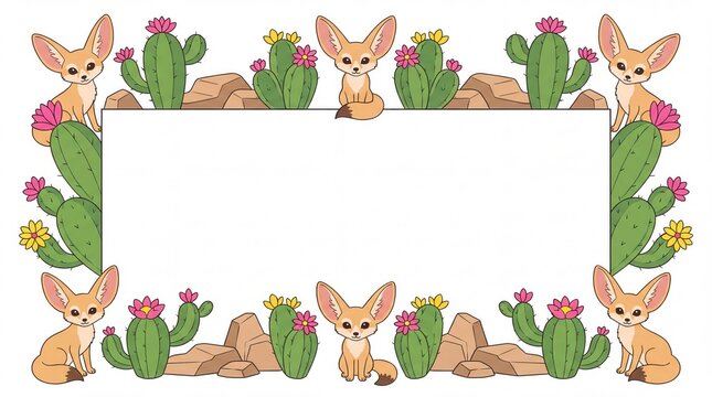 Cute cartoon fennec fox and desert cactus border frame template