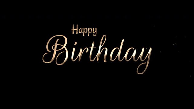 Golden metallic cursive text happy birthday on a transparent background with subtle glitter, suitable for birthday greeting cards and invitations.