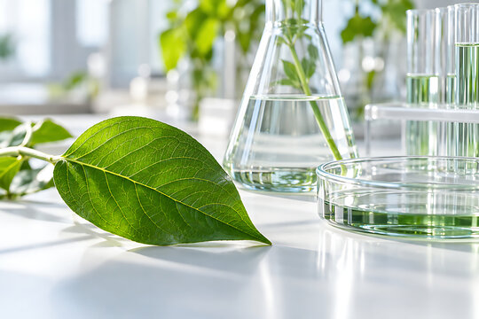 Botanical research concept with leaf veins and glass flasks