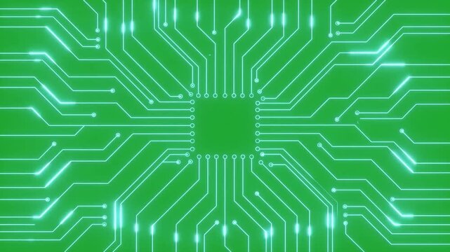 Futuristic glowing digital circuit board pattern with innovative technology energy over modern green screen electronic background
