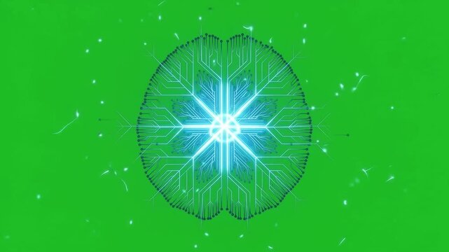 Glowing digital circuit network with energetic brain freeze snowflake portal symbol conveying power on green screen background display