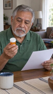 Older man checks a prescription bottle for Medicare drug plan review