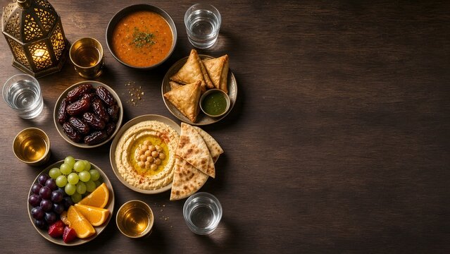 Ramadan 2027 iftar table with dates, lentil soup, samosas, hummus and lantern, top view flat lay with copy space