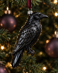 Fototapeta premium Black glass raven ornament hanging on a Christmas tree with festive lights and decorations for seasonal holiday product promotions and festive decor inspiration.