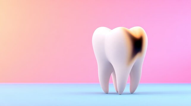 A 3D representation of a large tooth with a burn mark on its surface, set against a pastel backdrop