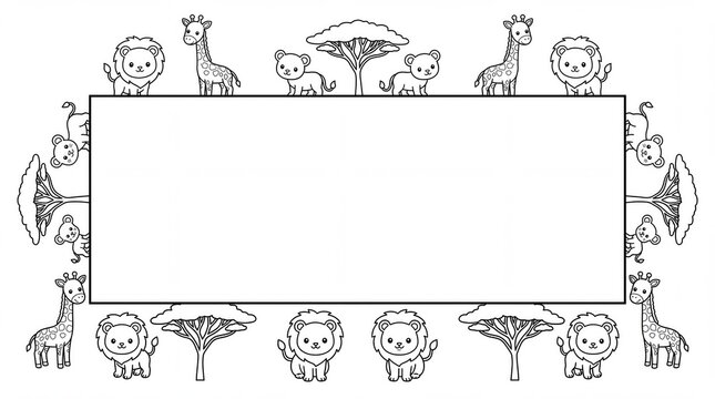 Cute Safari Animals Frame Border Line Art Coloring Page Template