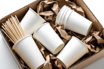Fototapeta premium White disposable paper cups, wooden sticks inside cardboard box with brown crumpled paper. Eco friendly tableware set for catering cafe service. Recyclable waste products arranged for recycling