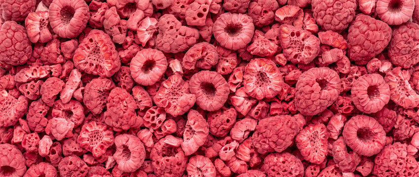 Freeze-dried raspberry texture background showcasing vibrant red dried fruit pieces and whole berries in a close-up overhead composition