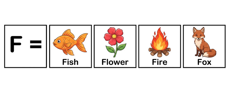 F letter picture and word linking learning for children. Where different images starting with F and their names are shown.