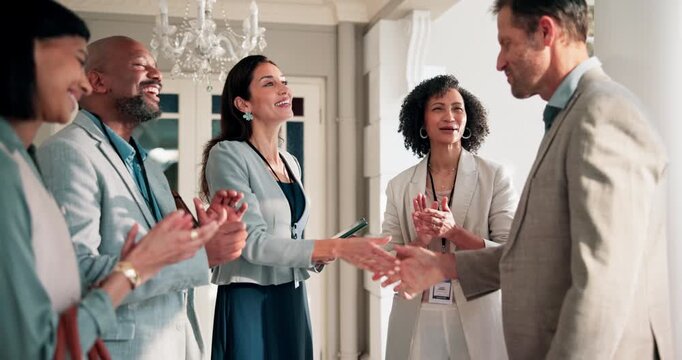 Business people, handshake and applause for success at conference, agreement and celebration. Partnership, shaking hands or happy workers clap, deal or strategic alliance at hotel seminar with tablet