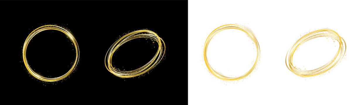 PNG image of Golden glittering light circles and magical glowing orbits with glowing spark dust particles on transparent background