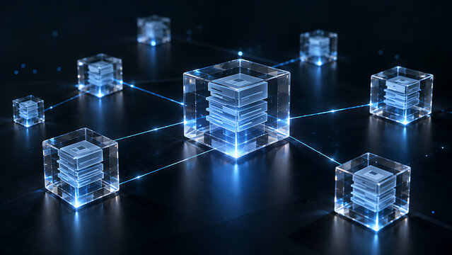Distributed ledger concept with connected glass data blocks