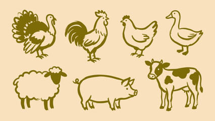 Fototapeta premium Hand drawn farm animals vector illustration set with rooster chicken turkey duck sheep pig and cow for agricultural branding