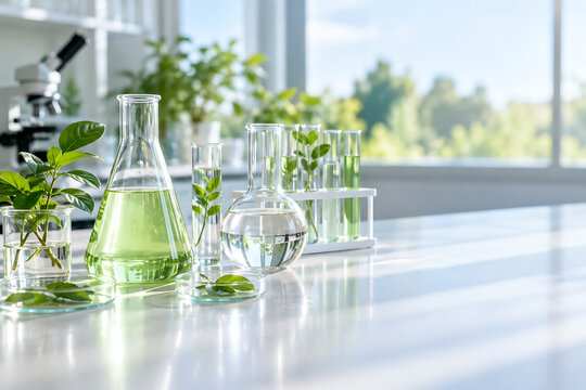 Green chemistry concept with liquids and botanical samples